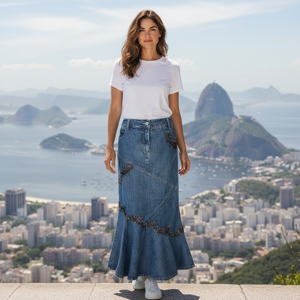 Y2K Newport News Denim Jean Maxi Mermaid Skirt with Floral Embroidery